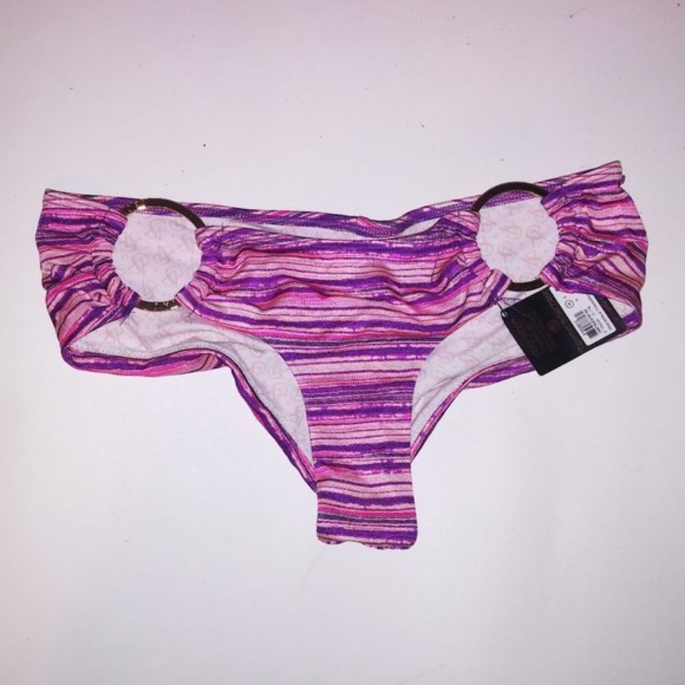 Victoria Secret Swim Bikini Bottom XS Pink Purple Stripes Gold Rings Color Code